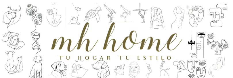 Ilustraciones de una sola línea: perros, rostros, monstera, reloj de arena, mundo, tortuga y yoga, alrededor del logo mh home, Tu hogar tu estilo