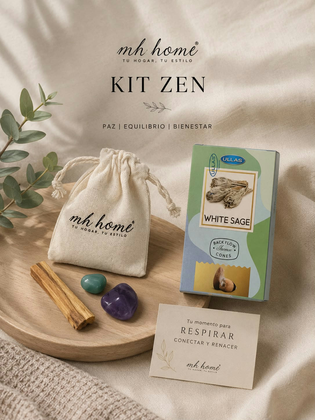 Kit Zen de MH Home: costalito de manta, palo santo, piedras de cuarzo, caja de incienso de cono y tarjeta.